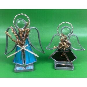 Set of 2 Vintage Stained Glass Christmas Angels Shelf Sitter Sun Catcher